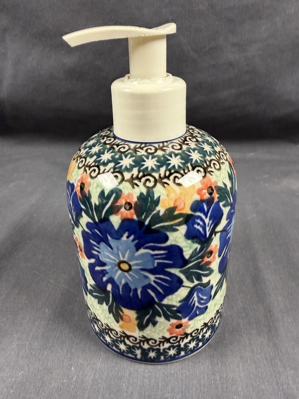 Unikat Polish Pottery signed Liquid Soap Dispenser Hand Painted Blue Flowers